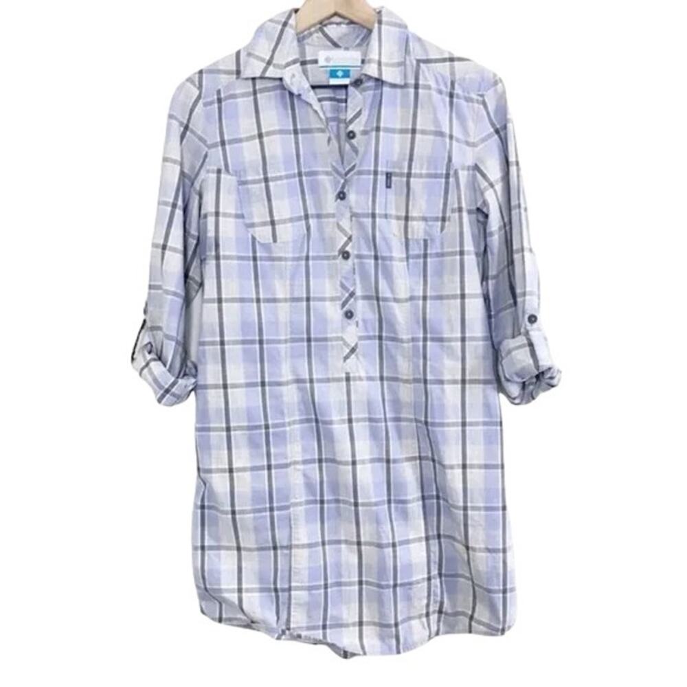 Columbia Blue & Gray Sapphire Peak Plaid Tunic Shirt Women's Medium Pockets